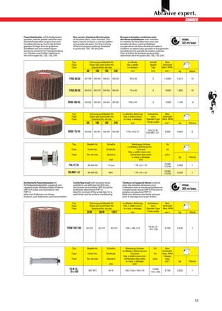 Faservliesbürsten mit Schleifgewebe-              Non-woven interleave fibre brushes                      Brosses à lamelles combinées avec
lamellen, welche jeweils zwischen den             of abrasive fabric, resin-bonded. The                   des fibres synthétiques avec lamelles                          max.
Schleifvlieslamellen angeordnet sind.             fabric inserts produce a coarser pattern                en matelas de fibre alternées avec des
Kunstharzbindung. Durch die Schleif-              and greater abrasion. For fine working                  lamelles de tissu. Liant synthétique.                          30 m/sec
gewebe-Einlage wird ein gröberes                  of flat and shaped surfaces. Available                  Les garnitures de tissu abrasif permettent
Schliffbild und eine höhere Span-                 in grains 60, 100, 150 and 240.                         d’obtenir un aspect plus grossier et d’augmenter
abnahme erreicht. Für Feinbearbeitung                                                                     sensiblement la quantité de matière enlevée.
von Flächen und Profilen, lieferbar in                                                                    Pour la finition de surfaces et de profils,
den Körnungen 60, 100, 150, 240.                                                                          disponible dans les grains 60, 100, 150, 240.

                                                 Typ                 Körnung und Bestell-Nr.                     ø x Breite              Schaft          Max.
                                                 Type                Grain size and Order No.                   Dia. x width             Shank         Drehzahl
                                                 Type                 Grains et No. de cde.                     ø x largeur               Tige        MAX. RPM
                                                                60        100          150          240             mm                    mm             min–1      kg       Stück


                                               FVSK 40/30     907 999    908 000   908 001      908 002            40 x 30                  6           13 000     0,415      10




                                               FVSK 80/50     906 878    906 879   906 880      906 881            75 x 45                  6             8 000    1,650      10




                                              FVSK 100/45     906 882    906 883   906 884      906 885           100 x 45                  6             5 500    1,130       6




                                                 Typ                 Körnung und Bestell-Nr.                ø x Breite x Bohrung      Aufnahme-         Max.
                                                 Type                Grain size and Order No.                Dia. x width x bore         dorn         Drehzahl
                                                 Type                 Grains et No. de cde.                  ø x larg. x alésage     Spindle Type     MAX. RPM
                                                                60        100          150          240             mm                Porte-outils       min–1      kg      Pieces


                                                                                                                                      FDv12–51
                                              FVSR 175/45     906 886    906 887   906 888      906 889        175 x 45 x 51         FDv MK1–51          3 000     0,650      2




                                                 Typ            Bestell-Nr.             Schaft ø                      Werkzeug-Grösse                     für
                                                                                                                 ø x Breite x Bohrung mm
                                                 Type            Order No.              Shaft dia.                          Tool size                     for
                                                                                                                  Dia. x width x bore mm
                                                 Type           No. de cde.             Queue ø                     Dimension des outils                 pour
                                                                                                                      ø x larg. x alésage                           kg      Pièces
                                                                                             mm                               mm
                                                                                                                                                         FVSR
                                              FDv 12–51          48 593 02               12 mm                          175 x 51 x 51                   175/45     0,300      1

                                                                                                                                                         FVSR
                                              FDv MK1–51         48 593 04                   MK1                        175 x 51 x 51                   175/45     0,300      1



Kombinierte Faservlieswalze mit                   Combi flap brush with abrasive strips,                    Tambour en nappe de fibres combiné
Schleifgewebelamellen, passend zum                suitable to use with low rpm R/A san-                     avec des lamelles abrasives, pour                            max.
niedertourigen Winkelschleifer/Polierer           der/grinder and polisher UPF-R and the                    l’utilisation avec la meuleuse/polisseuse
UPF 3-R sowie zum Handstück-Set                   toolholder attachment FHP 12.                             d’angle basse vitesse UPF 3-R et avec la                     30 m/sec
FHP 12.                                           Ideal for removal of fine scratches, for a                poignée accessoires FHP 12.
Ideal zum Entfernen von feinen                    satin finish and for surface conditioning.                Idéal pour éliminer des faible rainures,
Kratzern, zum Satinieren und Feinschleifen.                                                                 pour le satinage et la super finition.

                                                 Typ                 Körnung und Bestell-Nr.                ø x Breite x Bohrung      Aufnahme-           Max.
                                                 Type                Grain size and Order No.                Dia. x width x bore         dorn           Drehzahl
                                                 Type                 Grains et No. de cde.                  ø x larg. x alésage     Spindle Type       Max. RPM
                                                                40/M            60/M           120/F                mm                Porte-outils       min–1      kg       Stück




                                                                                                                                        FG M 14-
                                          FVSW 105/100         907 876        907 877         907 878          100 x 100 x 19           19 x 100         5 700     0,535      1




                                                 Typ            Bestell-Nr.             Schaft ø               Werkzeug-Grösse                  für     Max.
                                                                                                            ø x Breite x Bohrung mm                   Drehzahl
                                                 Type            Order No.              Shaft dia.                    Tool size                 for   Max. RPM
                                                                                                             Dia. x width x bore mm                    Vitesse
                                                 Type           No. de cde.             Queue ø               Dimension des outils          pour        max.
                                                                                                                ø x larg. x alésage                     min–1       kg      Pieces
                                                                                             mm                         mm

                                               FG M 14–           907 875                    M 14             100 (110) x 100 x 19
                                                                                                                                           FVSW
                                                                                                                                                         5 700     0,250      1
                                               19 x 100                                                                                  110 x 100




                                                                                                                                                                                   53
 