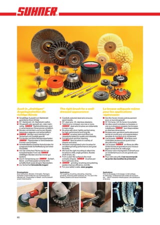 Auch in „drahtigen“                                 The right brush for a well-                             La brosse adéquate même
Angelegenheiten die                                 dressed appearance                                      pour les applications
richtige Bürste                                                                                             «épineuses»
x Sorgfältige Auswahl von Stahldraht                n Carefully selected steel wire ensures                 y Des fils d’acier choisis judicieusement
  garantieren Ihren Erfolg!                           good results.                                           pour un succès garanti!
x ST: Stahldraht, VA: Stahldraht rostfrei.          n ST: steel wire, VA: stainless steelwire.              y ST: fil d’acier, VA: fil d’acier inoxydable
x Ob gewellt oder gezopft, ein- oder mehr-          n Twist knot or crimped, one row or more,               y Qu’elles soient ondulées ou tressées, à
  reihig,            Stahldrahtbürsten sind                        steel wire brushes are obtainable          une ou à plusieurs rangées, les brosses
  in verschiedenen Dimensionen erhältlich.            in many sizes.                                          métalliques                 sont disponsibles
x Bürsten mit dichtem und kurzen Besatz,            n Brushes with short, tightly packed wires,               en diverses dimensions.
  besonders aggresiv und wirtschaftlich.              for high performance and long life.                   y Brosses avec garniture particulièrement
x             Bürsten sind mehrfach auf             n              brushes (wire and fibre) are               serrée et courte pour une augmentation
  Sicherheit und Qualität geprüft.                    repeatedly tested for quality and reliability.          sensible du mordant et du rendement.
x Für leichte und feine Reinigungsarbeiten          n For light work and fine cleaning,                     y Les brosses                  (fil et fibre) sont
               Fiberbürsten in verschiedenen                       fibre brushes in a variety of              contrôlées plusieurs fois quant à leur
  Formen und Grössen.                                 shapes and sizes.                                       sécurité et leur qualité.
x Schleifmitteldurchsetzte Nylonbürsten für         n Abrasive-impregnated nylon brushes for                y Les brosses                  en fibres de diffé-
  ausgezeichnete Schleifleistung bei hoher            excellent grinding performance and great                rentes formes et grandeurs pour travaux
  Flexibilität.                                       flexibility.                                            légers et très fins de nettoyage.
x Von der einfachen Fläche bis hin zur              n We have the right mounting to attach the              y Brosses nylon imprégnées d’abrasif pour
  kompliziertesten Form mit                           brushes to drills, angle grinders, flexible             un rendement accru et une grande sou-
  vielfältigen Bürsten sind Sie immer gut             shaft drives, etc.                                      plesse.
  bedient.                                          n Form a plain flat surface to the most                 y Pour votre sécurité, il est recommandé
x Durch Verwendung von                 Schleif-,      complex shapes,                 brushes per-            de porter des lunettes de protection.
  Bürst- und Polierpasten erhöhte Wirt-               form well every time.
  schaftlichkeit sowie längere Standzeiten.         n               grinding, brushing and polishing
x Zur Sicherheit Schutzbrille tragen!                 pastes improve efficiency, tool life.
                                                    n For your safety’s sake, wear goggles.

Einsatzgebiete:                                     Applications:                                           Applications:
Zum Aufrauhen, Bürsten, Entrosten, Reinigen,        For roughing, brushing, descaling, cleaning,            Pour le décapage, le brossage, le dérouillage,
Schleifen sowie Entfernen von Schweissrück-         grinding, removing weld residues, etc. For use in the   le nettoyage, l’enlèvement des restes de soudure,
ständen etc. Anwendbar in Metall- und Kunststoff-   metals, plastics and wood industries.                   etc. . . dans l’industrie métallurgique, des plastiques
sowie Holzindustrie.                                                                                        et du bois.




60
 
