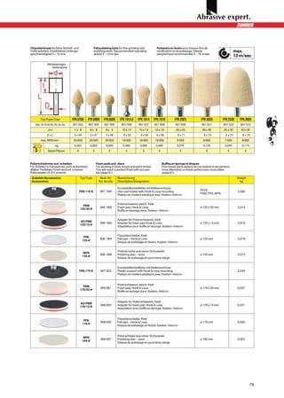 Filzpolierkörper für feine Schleif- und                 Felt polishing bobs for fine grinding and            Polissoirs en feutre pour travaux fins de
Polierarbeiten. Empfohlene Umfangs-                     polishing work. Recommended operating                rectification et de polissage. Vitesse                            max.
geschwindigkeit 5 – 10 m/s.                             speed 5 – 10 m/sec.                                  périphérique recommandée 5 – 10 m/sec.
                                                                                                                                                                               10 m/sec
               Abmessungen
                  Dimensions




        Typ/Type/Type                FPK 0708     FPK 0908       FPK 0605      FPK 1014 A    FPK 1014      FPK 1018         FPK 2025              FPK 3030         FPK 2530       FPK 3035
   Best.-Nr./Order No./No. de cde.   901 503      901 504        901 505        901 506      901 507       901 508           901 509              901 521           901 522       901 510
               dxl                    7x 8         9x 8           6x 5          10 x 14       10 x 14      10 x 18           20 x 25               30 x 30           25 x 30       30 x 35
               DxL                    3 x 49       3 x 47         3 x 48          6 x 52       6 x 56       6 x 58           06 x 71               06 x 70           06 x 73       06 x 75
        max. RPM min-1               25 000        20 000         30 000         18 000       18 000       18 000             9 500                 6 000            7 500         6 000
                       kg             0,020        0,020           0,020         0,060         0,060        0,060             0,070                0,135             0,095         0,115
   5           Stück/Pieces             5              5             5             5             5            5                 5                     5                 5            5



Polierschwämme und -scheiben                               Foam pads and -discs                                   Buffles en éponge et disques
Für Arbeiten in Karosserien und Lackierwerk-               For working in body shops and paint shops.             Pour travail dans ateliers de carosserie et de peinture.
stätten. Perfektes Finish wird mit unseren                 You will reach a perfect finish with our pas-          Vous atteindrez un finish perfect avec nous pâtes
Polierpasten (S. 81) erreicht.                             tes (page 81).                                         (page 81).
 Zubehör/Accessories                        Typ/Type          Best.-Nr.      Bezeichnung                                                                                        Weight
 Accessoires                                                 No. de cde.     Description/Désignation                                                                             kg

                                                                            0Kunststoffschleifteller mit Klettverschluss
                                            FSS 110-K         9070500       0Disc pad holder with Hook & Loop mounting                          0FVVS                            0,080
                                                                            0Plateau en matière plastique avec fixation «Velcro»                0PSM, FPS, WPS


                                                                            0Polierschwamm weich, Klett
                                              PSM
                                                              9080060       0Foam pad, Hook & Loop                                              0ø 125 x 30 mm                   0,014
                                            125/30-K
                                                                            0Buffle en éponge doux, fixation «Velcro»


                                                                            0Adapter für Polierschwamm, Klett
                                            AD-PSM
                                                              9080062       0Adapter for foam pad Hook & Loop                                   0ø 125 x 15 mm                   0,016
                                            125/15-K
                                                                            0Adaptateur pour buffle en éponge, fixation «Velcro»


                                                                            0Filzpolierscheibe, Klett
                                                FPS
                                                              9080064       0Felt pad – Hook & Loop                                             0ø 125 mm                        0,016
                                               125-K
                                                                            0Disque de polissage en feutre, fixation «Velcro»


                                                                            0Polierscheibe aus reiner Schurwolle
                                                WPS
                                                              9080066       0Polishing disc – wool                                              0ø 135 mm                        0,013
                                               135-K
                                                                            0Disque de polissage en pure laine vierge


                                                                             Kunststoffschleifteller mit Klettverschluss
                                            FSS 175-K         907 052        Plastic support with Hook & Loop mounting                                                          0,240
                                                                             Plateau en matière plastique avec fixation «Velcro»


                                                                            0Polierschwamm weich, Klett
                                              PSM
                                                              908 061       0Foam pad, Hook & Loop                                              0ø 178 x 30 mm                  0,027
                                            178/30-K
                                                                            0Buffle en éponge doux, fixation «Velcro»


                                                                            0Adapter für Polierschwamm, Klett
                                            AD-PSM
                                                              908 063       0Adapter for foam pad, Hook & Loop                                  0ø 178 x 15 mm                  0,031
                                            178/15-K
                                                                            0Adaptateur pour buffle en éponge, fixation «Velcro»


                                                                            0Filzpolierscheibe, Klett
                                                FPS
                                                              908 065       0Felt pad – Hook & Loop                                             0ø 178 mm                       0,030
                                               178-K
                                                                            0Disque de polissage en feutre, fixation «Velcro»


                                                                            0Polierscheibe aus reiner Schurwolle
                                                WPS
                                                              908 067       0Polishing disc – wool                                              0ø 180 mm                       0,023
                                               185-K
                                                                            0Disque de polissage en pure laine vierge




                                                                                                                                                                                           79
 