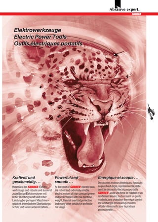 Elektrowerkzeuge
 Electric Power Tools
 Outils électriques portatifs




Kraftvoll und                             Powerful and                               Energique et souple . . .
geschmeidig . . .                         smooth . . .                               De robustes moteurs èlectriques, éprouvés
Herzstück der           -Elektro-         At the heart of           electric tools   au plus haut degré, représentent la partie
werkzeuge sind robuste und äusserst       are robust and extremely reliable          centrale des outils électriques portatifs
zuverlässige Elektromotoren mit           electric motors of high constant power                 , avec une force de rotation et un
hoher Durchzugskraft und hoher            and performance with low machine           rendement élevés, tout en ayant un poids
Leistung bei geringem Maschinen-          weight, thermal overload protection        modeste, une protection thermique contre
gewicht, thermischem Überlastungs-        and many other details for professio-      les surcharges et beaucoup d‘autres
schutz und vielen anderen Details . . .   nal usage . . .                            détails intéressants pour la pratique
                                                                                     professionelle . . .
 