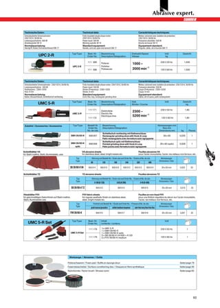 Technische Daten:                                                    Technical data:                                                         Caractéristiques techniques:
 Schutzisolierter Universalmotor:                                     Fully insulated single phase motor:                                     Moteur universel avec isolation de protection:
 230/120 V, 50/60 Hz                                                  230/120 V, 50/60 Hz                                                     230/120 V, 50/60 Hz
 Leistungsaufnahme: 500 W                                             Power input: 500 W                                                      Puissance absorbée: 500 W
 Arbeitsspindel: M 14                                                 Working spindle: M 14                                                   Broche de travail: M 14
 Normalausrüstung:                                                    Standard equipment:                                                     Equipement standard:
 Handgriff, Kabel, Einmaulschlüssel SW 17                             Handle, cord set, open end wrench SW 17                                 Poignée, câble, clé à fourche SW 17

                                                          Typ/Type         Best.-Nr.           Bezeichnung                            Drehzahl/Speed                            Volt               Gewicht
                 UPC 2-R                                                   Order No.           Description/Désignation                Vitesse                                   kg

                                                                            1110089                                                                                 0      230 V 50 Hz                1,500
                                                                                               Polierer                              01000 –
                                                          UPC 2-R                              Polisher
                                                                            1110096            Polisseuse                            02000 min–1                           120 V 60 Hz                1,500
                                                                                                                                                                                0



 Technische Daten:                                                    Technical data:                                                         Caractéristiques techniques:
 Schutzisolierter Universalmotor: 230/120 V, 50/60 Hz                 Fully insulated single phase motor: 230/120 V, 50/60 Hz                 Moteur universel avec isolation de protection: 230/120 V, 50/60 Hz
 Leistungsaufnahme: 500 W                                             Power input: 500 W                                                      Puissance absorbée: 500 W
 Hubfrequenz: 2300–5200                                               Stroke (Frequency): 2300–5200                                           Coups (Fréquence): 2300–5200
 Hub: 8 mm                                                            Stroke: 8 mm                                                            Coups: 8 mm
 Normalausrüstung:                                                    Standard equipment:                                                     Equipement standard:
 Kabel, Inbusschlüssel, Schleifschuh rechteckig                       Cord, Hex. key, rectangular grinding shoe                               Câble, clé à 6 pans, patin rectangulaire

                                                          Typ/Type         Best.-Nr.           Bezeichnung                            Hub                                       Volt               Gewicht
                UMC 5-R                                                    Order No.           Description/Désignation                Stroke / Course                                                kg

                                                                            111 171                                                                                  0     230 V 50 Hz                  1,85
                                                                                               Elektrofeile                          02300 –
                                                          UMC 5-R                              Electric file
                                                                                               Eléctrique lime                       05200 min–1
                                                                            111 172                                                                                        0120 V 60 Hz                 1,85


 Zubehör / Accessories / Accessoires                       Typ/Type        Bestell-Nr.          Bezeichnung                                                              Abmessungen mm
                                                                           Order No.            Description/Désignation                                                      Size mm
                                                                           No. de cde.                                                                                    Dimensions mm          kg          Pieces
                                                                                                Schleifschuh rechteckig mit Klettverschluss
                                                         SBH 39/60-K         908 957            Rectangular grinding shoe with Hook & Loop                                    39 x 60          0,035           1
                                                                                                Patin rectangulaire avec fermeture auto-agrippante
                                                                                                Schleifschuh spitz mit Klettverschluss
                                                         SBH 39/60-K         908 958            Pointed grinding shoe with Hook & Loop                                     39 x 60 (spitz)     0,028           1
                                                            spitz                               Patin pointu avec fermeture auto-agrippante

Schleifblätter VA                                                     VA abrasive sheets                                                      Feuilles abrasives VA
für Stahl rostfrei, Stahl, Buntmetalle, usw.                          for stainless steel, steel, bright metals etc.                          pour l'acier inoxydable, l'acier, les métaux non ferreux, etc.
                                                             Typ                 Körnung und Bestell-Nr. / Grain size and Order No. / Grains et No. de cde.                 Abmessungen
                                                             Type                                                                                                         Dimensions / Size
                                                                                60              120            180             240          320              400

                                                        SB 39/60-K VA        908 814          908 815       908 816        908 912       908 913          908 914           39 x 60 mm          0,003          50

Schleifblätter TZ                                                     TZ abrasive sheets                                                      Feuilles abrasives TZ
                                                             Typ                 Körnung und Bestell-Nr. / Grain size and Order No. / Grains et No. de cde.                 Abmessungen
                                                             Type                                                                                                         Dimensions / Size
                                                                                      A 160 (K 120)                A 65 (K 280)                   A 45 (K 400)

                                                         SB 39/60-K TZ                  909 813                      909 814                       909 815                   39 x 60 mm         0,010          20

Vliesblätter FVV                                                      FVV fabric sheets                                                       Feuilles en non-tissé FVV
für gleichmäßigen Dekorfinish auf Stahl rostfrei,                     for regular aesthetic finish on stainless steel,                        pour une finition régulière du décor sur l'acier inoxydable,
Stahl, Buntmetalle usw.                                               steel, bright metals etc.                                               l'acier, les métaux non ferreux, etc.
                                                             Typ                     Feinheit und Bestell-Nr. / Grade and Order No. / Finesse et No. de cde.                Abmessungen
                                                             Type                                                                                                         Dimensions / Size
                                                                                grob/coarse/grossière        mittel/medium/moyenne       sehr fein/very fine/très fine

                                                        FVV 39/60-K                     908 915                      908 817                       908 916                   39 x 60 mm         0,007          20


                                                          Typ/Type          Best.-Nr.          Inhalt                                                                           Volt
     UMC 5-R Set                                                            Order No.          contents / contenu

                                                                             111 178           1x UMC 5-R                                                           0      230 V 50 Hz                   1
                                                                                               0 x SBH 39/60-K
                                                                                               1
                                                         UMC 5-R Set                           1 x SBH 39/60-K spitz
                                                                                               5 x SB 39/60-K VA K60 + K120
                                                                             111 179           5 x FVV 39/60-K medium                                                      120 V 60 Hz                   1




                                                        Werkzeuge / Abrasives / Outils

                                                   Polierschwamm / Foam pad / Buffle en éponge doux                                                                                            Seite/page 79
                                                   Faservliesscheibe / Surface conditioning disc / Disques en fibre synthétique                                                                Seite/page 49
                                                   Nylonbürste / Nylon brush / Brosse nylon                                                                                                    Seite/page 65




                                                                                                                                                                                                                    93
 