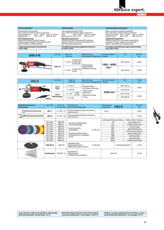 Technische Daten:                                              Technical data:                                               Caractéristiques techniques:
Schutzisolierter Universalmotor:                               Fully insulated single-phase motor:                           Moteur universel avec isolation de protection:
UXJ 2: 230/120 V, 50/60 Hz; UXK 4-R: 230/120 V                 UXJ 2: 230/120 V, 50/60 Hz; UXK 4-R: 230/120 V                UXJ 2: 230/120 V, 50/60 Hz; UXK 4-R: 230/120 V
Leistungsaufnahme:        UXJ 2: 1500 W UXK 4-R: 1530 W        Input:             UXJ 2: 1500 W UXK 4-R: 1530 W              Puissance absorbée: UXJ 2: 1500 W UXK 4-R: 1530 W
Arbeitsspindel:           UXJ 2: M 14      UXK 4-R: M 14       Working spindle: UXJ 2: M 14        UXK 4-R: M 14             Broche de travail:     UXJ 2: M 14          UXK 4-R: M 14
Normalausrüstung:                                              Standard equipment:                                           Equipement standard:
Kabel mit CEE-Stecker oder PRCD-Schalter                       Cable with CEE-plug or integrated PRCD switch and             Câble avec fiche CEE ou commutateur intégré PRCD et
und Normstecker, Handgriff, Einmaulschlüssel SW 17             standard connector, handle, open end wrench SW 17             connecteur normalisé, poignée, clé à fourche SW 17
UXK 4R zusätzlich mit Wasserzuleitung                          UXK 4R also with water feed line                              UXK 4R : alimentation en eau supplémentaire
Lieferung erfolgt ohne Trenntrafo für                          The delivery takes place without transformer                  La livraison sera effectuée sans transformateur
230 V/120V.                                                    for 230 V/120 V.                                              pour 230 V/120 V.


                                                   Typ/Type          Best.-Nr.                  Bezeichnung             Drehzahl/Speed                  Volt               Gewicht
              UXK 4-R                                                Order No.                  Description/Désignation Vitesse                                              kg

                                                                             -01 CEE (Trafo)
                                                                     111 226 -02 PRCD SEV                                                          230 V 50 Hz              3,000
                                                                             -03 PRCD VDE
                                                                                             Winkelpolierer            1800 – 4000
                                                    UXK 4-R                                  Angle polisher
                                                                                                                          min–1
                                                                             -01 CEE (Trafo) Polisseuse d’angle
                                                                     111 227                                                                       120 V 60 Hz              3,000
                                                                             -02 GFCI



                                                   Typ/Type               Best.-Nr.             Bezeichnung             Drehzahl/Speed                  Volt                Poids
                 UXJ 2                                                    Order No.             Description/Désignation Vitesse                                              kg

                                  UXJ                                 111 126 10                 Winkelschleifer                                   230 V 50 Hz
                                                     UXJ 2                                                                                                                  5,400
                                                     Trafo                                       mit Wasserzuführung
                                                                      111 125 20                                       0                           120 V 60 Hz
                                                                                                 Angle grinder                            –1
                                                                                 -11 (SEV)     0 water feed                2300 min
                                                    UXJ 2             111 126                                                                      230 V 50 Hz
                                                                                 -12 (VDE)       Meuleuse d’angle
                                                 PRCD (GFCI)                                                                                                                5,400
                                                                                                 à l’eau                                           120 V 60 Hz
                                        PRCD                          111 127 06



Zubehör/Accessories                     Typ/Type       Best.-Nr.         Bezeichnung                                   Verwendung                                          Gewicht
Accessoires                                           No. de code        Description/Désignation                       Application        UXJ 2                              kg

                                         SW 17        370857007 0Einmaulschlüssel/Open end wrench                       0UXJ 2                                              0,055
                                                                0Clé à fourche

                                         SW 22        370857005 0Einmaulschlüssel/Open end wrench                                                                           0,100
                                                                0Clé à fourche
                                                                                                                       Körnung / Grit size / Grains        Farbe / Color / Couleur
                                        DS 100 K           908 370                                                                050                          grün/green/vert
                                                                          Diamant-Schleifscheibe
                                        DS 100 K           908 371        zum Nassschleifen                                       120                        schwarz /black/noir
                                        DS 100 K           908 372                                                                220                           rot/red/rouge
                                        DS 100 K           908 373        Diamond pad for                                         400                         gelb/yellow/jaune
                                                                          wet grinding                     Ø 100 mm
                                        DS 100 K           908 374                                                                600                       braun/brown/marron
                                        DS 100 K           908 375        Disques abrasifs souples                                800                         weiss/white/blanc
                                        DS 100 K           908 376        en diamant pour le meulage                             1800                           blau/blue/bleu
                                                                          à l’eau
                                        DS 100 K           908 377                                                               3500                           grau/grey/gris
                                        DS 100 K           908 378                                                               8500                        violett/purple/violet
                                                                          Stützteller Klett
                                        DSS 100-K          908 379        Backing pad Velcro                Ø 100 mm                        Arbeitsspindel M14               0,130
                                                                          Plateau de support „Velcro”

                                                                          Spritzschutz
                                      Spritzschutz     300 037 14         Splash guard                                              UXK 4-R                                  0,130
                                                                          Protection anti-projection




Lesen Sie hierzu bitte auch die Rubrik „Notwendige            About this please have also a look at the category           Veuillez, à ce sujet, également lire la rubrique „compo-
Sicherheitsbauteile” auf den Seiten 12/13.                    „necessary safety parts” on the pages 12 and 13.             sants de sécurité nécessaires” sur les pages 12/13.



                                                                                                                                                                                         97
 