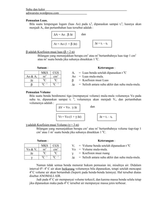 Suhu dan kalor 
adiwarsito.wordpress.com 
Pemuaian Luas. 
Bila suatu lempengan logam (luas Ao) pada t0 
0, dipanaskan sampai t1 
0, luasnya akan 
menjadi At, dan pertambahan luas tersebut adalah : 
dan 
DA = Ao . b Dt 
At = Ao (1 + b Dt) Dt = t1 – t0 
 b   adalah Koefisien muai luas (  b   = 2   a  )  
Bilangan yang menunjukkan berapa cm2 atau m2 bertambahnya luas tiap 1 cm2 
atau m2 suatu benda jika suhunya dinaikkan 1 0C. 
Satuan : Keterangan : 
MKS CGS At = Luas benda setelah dipanaskan t 0C 
Ao & At m2 cm2 Ao = Luas mula-mula. 
Dt 0C 0C b = Koefisien muai Luas 
b 0C - 1 0C - 1 Dt = Selisih antara suhu akhir dan suhu mula-mula. 
Pemuaian Volume 
Bila suatu benda berdimensi tiga (mempunyai volume) mula-mula volumenya Vo pada 
suhu to, dipanaskan sampai t1 0, volumenya akan menjadi Vt, dan pertambahan 
volumenya adalah : 
dan 
DV = Vo . g Dt 
Vt = Vo (1 + g Dt) Dt = t1 – t0 
 g   adalah Koefisien muai Volume (  g   = 3   a  )  
Bilangan yang menunjukkan berapa cm3 atau m3 bertambahnya volume tiap-tiap 1 
cm3 atau 1 m3 suatu benda jika suhunya dinaikkan 1 0C. 
Satuan : Keterangan : 
MKS CGS Vt = Volume benda setelah dipanaskan t 0C 
Vo & Vt m3 cm3 Vo = Volume mula-mula. 
Dt 0C 0C g = Koefisien muai ruang 
g 0C - 1 0C - 1 Dt = Selisih antara suhu akhir dan suhu mula-mula. 
Namun tidak semua benda menurut hukum pemuaian ini, misalnya air. Didalam 
interval 00- 40 C air akan berkurang volumenya bila dipanaskan, tetapi setelah mencapai 
40 C volume air akan bertambah (Seperti pada benda-benda lainnya). Hal tersebut diatas 
disebut ANOMALI AIR. 
Jadi pada 40 C air mempunyai volume terkecil, dan karena massa benda selalu tetap 
jika dipanaskan maka pada 40 C tersebut air mempunyai massa jenis terbesar. 
 