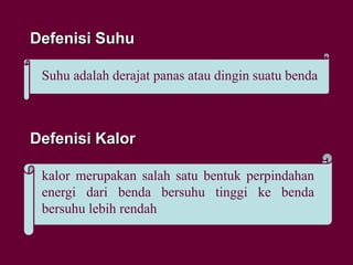 Suhu adalah derajat panas atau dingin suatu benda
Defenisi Suhu
kalor merupakan salah satu bentuk perpindahan
energi dari benda bersuhu tinggi ke benda
bersuhu lebih rendah
Defenisi Kalor
 
