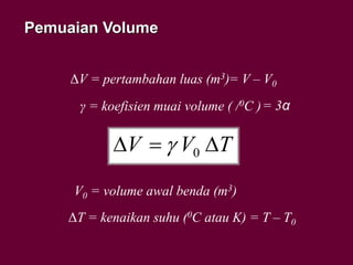 Pemuaian Volume
TVV  0
ΔV = pertambahan luas (m3)= V – V0
γ = koefisien muai volume ( /0C )
V0 = volume awal benda (m3)
ΔT = kenaikan suhu (0C atau K) = T – T0
= 3α
 