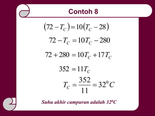 Contoh 8
   281072  CC TT
2801072  CC TT
CC TT 171028072 
CT11352 
CTC
0
32
11
352

Suhu akhir campuran adalah 320C
 