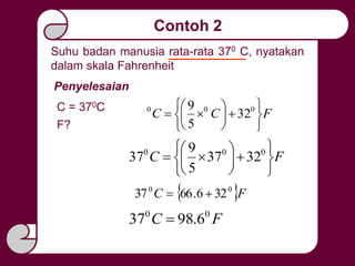 Contoh 2
FCC












 000
32
5
9
FC












 000
3237
5
9
37
 FC 00
326.6637 
Suhu badan manusia rata-rata 370 C, nyatakan
dalam skala Fahrenheit
Penyelesaian
C = 370C
F?
FC 00
6.9837 
 