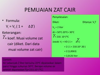 PEMUAIAN ZAT CAIR
• Formula:
Vt = VO ( 1 + Δ t )
Keterangan:
= koef. Muai volume zat
cair (diket. Dari data
muai volume zat cair)
γ
γ
Penyelesaian:
Diket: Ditanya: Vt?
VO = 2 liter
Δt = 50O
C-20O
C= 30O
C
= 210. 10-6
/O
C
Jawab: Vt = VO ( 1 + Δ t )
= 2 ( 1 + 210.10-6
.30 )
= 2 (1,0063)
= 2,0126 liter
γ
γ
Contoh:
Air sebanyak 2 liter bersuhu 20O
C dipanaskan dalam
panci hingga suhunya 50O
C. Berapa volume air
setelah dipanaskan?(γ=210.10-6
/O
C)
 