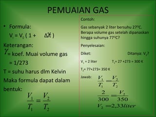 PEMUAIAN GAS
• Formula:
Vt = VO ( 1 + Δ t )
Keterangan:
= koef. Muai volume gas
= 1/273
T = suhu harus dlm Kelvin
Maka formula dapat dalam
bentuk:
γ
γ
Contoh:
Gas sebanyak 2 liter bersuhu 27O
C.
Berapa volume gas setelah dipanaskan
hingga suhunya 77O
C?
Penyelesaian:
Diket: Ditanya: V2?
V1 = 2 liter T1= 27 +273 = 300 K
T2= 77+273= 350 K
Jawab:
2
2
1
1
T
V
T
V
=
literV
V
T
V
T
V
33,2
350300
2
2
2
2
2
1
1
=
=
=
 