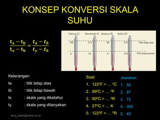 KONSEP KONVERSI SKALA
SUHU
neng_latiph@yahoo.co.id
𝐭 𝐚 − 𝐭 𝐛
𝐭 𝐱 − 𝐭 𝐛
=
𝒕 𝒂 − 𝒕 𝒃
𝒕 𝒚 − 𝒕 𝒃
Keterangan:
ta : titik tetap atas
tb : titik tetap bawah
tx : skala yang diketahui
ty : skala yang ditanyakan
Soal:
1. 1220F = … 0C
2. 990C = … 0F
3. 900C = … 0R
4. 270C = … K
5. 1220F = … 0R
Jawaban:
1. 50
2. 87
3. 72
4. 300
5. 40
 