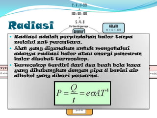 RadiasiRadiasiadalahperpindahankalortanpamelaluizatperantara. Alat yang digunakanuntukmengetahuiadanyaradiasikaloratauenergipancarankalordisebuttermoskop. Termoskopterdiridariduabuah bola kaca yang dihubungkandenganpipa U berisi air alkohol yang diberipewarna.