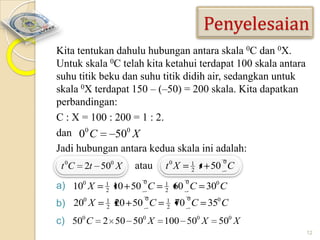 Penyelesaian
Kita tentukan dahulu hubungan antara skala 0C dan 0X.
Untuk skala 0C telah kita ketahui terdapat 100 skala antara
suhu titik beku dan suhu titik didih air, sedangkan untuk
skala 0X terdapat 150 – (–50) = 200 skala. Kita dapatkan
perbandingan:
C : X = 100 : 200 = 1 : 2.
dan 00 C
500 X
Jadi hubungan antara kedua skala ini adalah:
t 0C

2t 500 X

atau

1
2

0

t 50 C

0

1
2

60 C 300 C

0

1
2

70 C 350 C

a) 100 X

1
2

10 50 C

b) 200 X

1
2

20 50 C

c) 500 C

t0 X

2 50 500 X

0

0

100 500 X

500 X
12

 