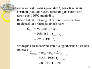 Andaikan suhu akhirnya adalah ta, berarti suhu air
berubah (naik) dari 200C menjadi ta dan suhu besi
turun dari 1200C menjadi ta.
Dalam hal ini besi yang lebih panas, memberikan
(melepas) kalor kepada air sebesar:

Qlepas

mbesi cbesi

tbesi

0,5 450

tbesi t a

225

120 t a

Sedangkan air menerima kalor yang diberikan oleh besi
sebesar:

Qterima

mair cair

t air

2 4190 t a t air
8380 t a

20
33

 