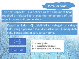 KAPASITAS KALOR
Kapasitas kalor (C) didefinisikan sebagai banyaknya
kalor yang diperlukan atau dilepaskan untuk mengubah
suhu benda sebesar satu satuan suhu.
The heat capacity (C) is defined as the amount of heat
required or released to change the temperature of the
object by one unit temperature.
C =
𝑄
∆𝑇
Q = C . ΔT
Q = kalor (joule)
C = kapasitas kalor (joule)
ΔT = perubahan suhu (oC atau K)
 