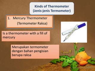 Kinds of Thermometer
(Jenis-jenis Termometer)
1. Mercury Thermometer
(Termometer Raksa)
Merupakan termometer
dengan bahan pengisian
berupa raksa
Is a thermometer with a fill of
mercury
 