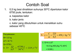 Contoh Soal
1. 0,5 kg besi dinaikkan suhunya 30OC diperlukan kalor
6750 joule, tentukan:
a. kapasitas kalor
b. kalor jenis
c. kalor yang dibutuhkan untuk menaikkan suhu
sebesar 40OC
Penyelesaian:
M= 0,5 kg
ΔT= 30 OC
Q= 6759 j
a. C= C
j
C
j
T
Q 0
0
/
225
30
6750
=
=

b. C
kg
j
m
C
c O
.
/
450
5
,
0
225
=
=
=
c. Q=m.c.ΔT
=0,5 kg.450 j/kg.OC.40oC
= 9.000 j
 