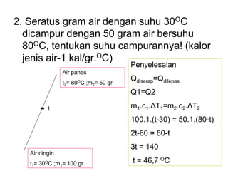 2. Seratus gram air dengan suhu 30OC
dicampur dengan 50 gram air bersuhu
80OC, tentukan suhu campurannya! (kalor
jenis air-1 kal/gr.OC)
Air dingin
t1= 30OC ;m1= 100 gr
Air panas
t2= 80OC ;m2= 50 gr
t
Penyelesaian
Qdiserap=Qdilepas
Q1=Q2
m1.c1.ΔT1=m2.c2.ΔT2
100.1.(t-30) = 50.1.(80-t)
2t-60 = 80-t
3t = 140
t = 46,7 OC
 