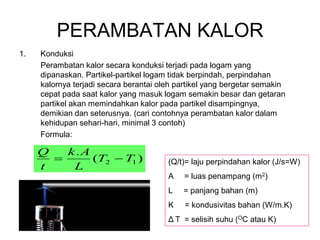 PERAMBATAN KALOR
1. Konduksi
Perambatan kalor secara konduksi terjadi pada logam yang
dipanaskan. Partikel-partikel logam tidak berpindah, perpindahan
kalornya terjadi secara berantai oleh partikel yang bergetar semakin
cepat pada saat kalor yang masuk logam semakin besar dan getaran
partikel akan memindahkan kalor pada partikel disampingnya,
demikian dan seterusnya. (cari contohnya perambatan kalor dalam
kehidupan sehari-hari, minimal 3 contoh)
Formula:
)
(
.
1
2 T
T
L
A
k
t
Q
−
= (Q/t)= laju perpindahan kalor (J/s=W)
A = luas penampang (m2)
L = panjang bahan (m)
K = kondusivitas bahan (W/m.K)
Δ T = selisih suhu (OC atau K)
 
