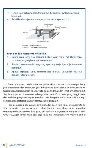 146 Kelas VII SMP/MTs Semester 1
3. Tuang spiritus bakar pada tempatnya. Kemudian, nyalakan dengan
korek api.
4. Amati keadaan jarum-jarum penunjuk selama pemanasan.
Sumber: Dok. Kemdikbud
Gambar 4.12 Alat Musschenbroek
Batang Logam
Sekrup Pengatur
Penunjuk
Pembakar Spirtus
Menalar dan Mengomunikasikan
1. Jarum-jarum penunjuk menunjuk skala yang sama, nol. Bagaimana
suhu dan panjang batang itu mula-mula?
2. Setelah pemanasan berlangsung, apa yang terjadi pada jarum-jarum
penunjuk?
3. Apakah hipotesis kamu diterima atau ditolak? Diskusikan hasilnya
dengan kelompok lain.
Pada umumnya, benda atau zat padat akan memuai atau mengembang
jika dipanaskan dan menyusut jika didinginkan. Pemuaian dan penyusutan itu
terjadi pada semua bagian benda, yaitu panjang, lebar, dan tebal benda tersebut.
Jika benda padat dipanaskan, suhunya akan naik. Pada suhu yang tinggi, atom
dan molekul penyusun logam tersebut akan bergetar lebih cepat dari biasanya
sehingga logam tersebut akan memuai ke segala arah.
Para perancang bangunan, jembatan, dan jalan raya harus memperhatikan
sifat pemuaian dan penyusutan bahan karena perubahan suhu. Jembatan
umumnya dibuat dari besi baja yang saling disambungkan satu dengan lainnya.
Untuk itu, agar sambungan besi baja tidak melengkung karena memuai akibat
 