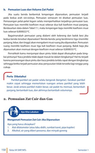 150 Kelas VII SMP/MTs Semester 1
b. Pemuaian Luas dan Volume Zat Padat
Jika suatu benda berbentuk lempengan dipanaskan, pemuaian terjadi
pada kedua arah sisi-sisinya. Pemuaian semacam ini disebut pemuaian luas.
Pemasangan pelat-pelat logam selalu memperhatikan terjadinya pemuaian luas.
Pemuaian luas memiliki koefisien muai sebesar dua kali koefisien muai panjang.
Berdasarkan data dalam Tabel 7.1, maka lempengan baja memiliki koefisien muai
luas sebesar 0,000022/o
C.
Bagaimanakah pemuaian yang dialami oleh kelereng dan balok besi jika
kedua benda tersebut dipanaskan? Benda-benda yang berdimensi tiga (memiliki
panjang, lebar, dan tinggi) akan mengalami muai ruang jika dipanaskan. Pemuaian
ruang memiliki koefisien muai tiga kali koefisien muai panjang. Balok baja jika
dipanaskan akan memuai dengan koefisien muai sebesar 0,000033/o
C.
Pernahkah kamu menjumpai daun pintu tidak dapat ditutupkan pada bing-
kai pintunya? Kaca jendela tidak dapat masuk ke dalam bingkainya? Hal itu terjadi
karena pemasangan daun pintu dan kaca jendela terlalu rapat dengan bingkainya
sehingga ketika terjadi pemuaian atau penyusutan tidak tersedia lagi rongga yang
cukup.
Perlu Diketahui
Partikel-partikel zat padat selalu bergerak (bergetar). Gerakan partikel
makin cepat sehingga memerlukan ruangan antara partikel yang lebih
besar. Jarak antara partikel makin besar, zat padat itu memuai, bertambah
panjang, bertambah luas, dan akhirnya bertambah volumenya.
2. Pemuaian Zat Cair dan Gas
Mengamati Pemuaian Zat Cair Jika Dipanaskan
Apa yang harus disiapkan?
1. Alat dilatometer (atau labu didih, sumbat karet, pipa kapiler)
2. Alkohol, air yang diberi pewarna, dan minyak goreng
Ayo Kita Lakukan
 