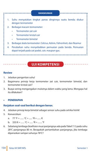 154 Kelas VII SMP/MTs Semester 1
1. Suhu menyatakan tingkat panas dinginnya suatu benda; diukur
dengan termometer
2. Berbagai macam termometer:
• Termometer zat cair
• Termometer kristal cair
• Termometer bimetal
3. Berbagai skala termometer: Celcius, Kelvin, Fahrenheit, dan Reamur
4. Perubahan suhu menyebabkan pemuaian pada benda. Pemuaian
dapat terjadi pada zat padat, cair, maupun gas.
RANGKUMAN
Uji kompetensi
Review
1. Jelaskan pengertian suhu!
2. Bagaimana prinsip kerja termometer zat cair, termometer bimetal, dan
termometer kristal cair?
3. Buaya sering mengangakan mulutnya dalam waktu yang lama. Mengapa hal
itu dilakukan?
• PENERAPAN
Kerjakan soal-soal berikut dengan benar.
4. Jelaskan prinsip kerja bimetal sebagai sensor suhu pada setrika listrik!
5. Konversikan:
a. 77 o
F = ....... o
C = ...... o
R = ....... K
b. 333 K = ....... C = ...... R = ........ F
o o
6. Sebatang tembaga (koefisien muai panjangnya ada padaTabel 7.1) pada suhu
28o
C panjangnya 80 m. Berapakah pertambahan panjangnya, jika tembaga
dipanaskan sampai suhunya 78o
C?
°
 
