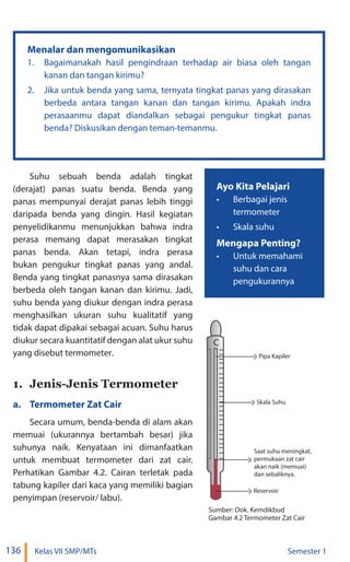 136 Kelas VII SMP/MTs Semester 1
Menalar dan mengomunikasikan
1. Bagaimanakah hasil pengindraan terhadap air biasa oleh tangan
kanan dan tangan kirimu?
2. Jika untuk benda yang sama, ternyata tingkat panas yang dirasakan
berbeda antara tangan kanan dan tangan kirimu. Apakah indra
perasaanmu dapat diandalkan sebagai pengukur tingkat panas
benda? Diskusikan dengan teman-temanmu.
Suhu sebuah benda adalah tingkat
(derajat) panas suatu benda. Benda yang
panas mempunyai derajat panas lebih tinggi
daripada benda yang dingin. Hasil kegiatan
penyelidikanmu menunjukkan bahwa indra
perasa memang dapat merasakan tingkat
panas benda. Akan tetapi, indra perasa
bukan pengukur tingkat panas yang andal.
Benda yang tingkat panasnya sama dirasakan
berbeda oleh tangan kanan dan kirimu. Jadi,
suhu benda yang diukur dengan indra perasa
menghasilkan ukuran suhu kualitatif yang
tidak dapat dipakai sebagai acuan. Suhu harus
diukur secara kuantitatif dengan alat ukur suhu
yang disebut termometer.
1. Jenis-Jenis Termometer
a. Termometer Zat Cair
Secara umum, benda-benda di alam akan
memuai (ukurannya bertambah besar) jika
suhunya naik. Kenyataan ini dimanfaatkan
untuk membuat termometer dari zat cair.
Perhatikan Gambar 4.2. Cairan terletak pada
tabung kapiler dari kaca yang memiliki bagian
penyimpan (reservoir/ labu).
Ayo Kita Pelajari
• Berbagai jenis
termometer
• Skala suhu
Mengapa Penting?
• Untuk memahami
suhu dan cara
pengukurannya
C
Reservoir
Saat suhu meningkat,
permukaan zat cair
akan naik (memuai)
dan sebaliknya.
Skala Suhu
Pipa Kapiler
Sumber: Dok. Kemdikbud
Gambar 4.2 Termometer Zat Cair
 
