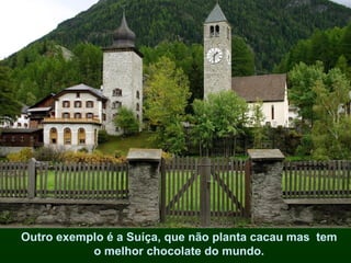 Outro exemplo é a Suíça, que não planta cacau mas  tem  o melhor chocolate do mundo.  