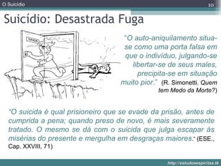 O Suicídio
http://estudosespiritas.tkhttp://estudosespiritas.tk
Suicídio: Desastrada Fuga
10
“O auto-aniquilamento situa-
se como uma porta falsa em
que o indivíduo, julgando-se
libertar-se de seus males,
precipita-se em situação
muito pior.” (R. Simonetti. Quem
tem Medo da Morte?)
“O suicida é qual prisioneiro que se evade da prisão, antes de
cumprida a pena; quando preso de novo, é mais severamente
tratado. O mesmo se dá com o suicida que julga escapar às
misérias do presente e mergulha em desgraças maiores.” (ESE.,
Cap. XXVIII, 71)
 