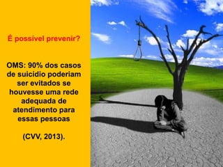 É possível prevenir?
OMS: 90% dos casos
de suicídio poderiam
ser evitados se
houvesse uma rede
adequada de
atendimento para
essas pessoas
(CVV, 2013).
 