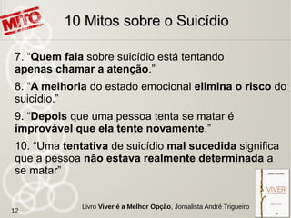 12
Suicídio e Doença MentalSuicídio e Doença Mental
Fonte: Pesquisa de 15.629 casos de suicídio, José Manuel Bertolote da UNESP e
Alexandra Fleishmann, pesquisadora suíça,2002
Em mais de
90% dos
casos
caberia um
diagnóstico de
transtorno
mental
22,4%
Transtorno por uso de
substância psicoativa
10,6%
Esquizofrenia
11,6%
Transtorno de
personalidade
35,8%
Transtorno de
humor
Sem diagnóstico 3,2%
Outros diagnósticos 5,1%
Outros transtornos psicológicos 5,1%
Transtornos orgânico mental 1,0%
Transtorno de ansiedade 6,1%
Transtorno de ajustamento 3,6%
 