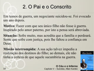 Nota dos Espíritos
Esta dúvida da morte é muito comum nas pessoas
recentemente desencarnadas, e principalmente
naquelas que, durante a vida, não elevam a alma
acima da matéria.
A sensação dos vermes e da decomposição do
corpo não é privativa dos suicidas: sobrevém
igualmente aos que viveram mais da matéria que do
espírito. Em tese, não há falta isenta de
penalidades, mas também não há regra
absoluta e uniforme nos meios de punição.
1. O Suicídio da Samaritana,1. O Suicídio da Samaritana,
ParisParis
O Céu e o Inferno
Capítulo V – Suicidas, Allan Kardec19
 