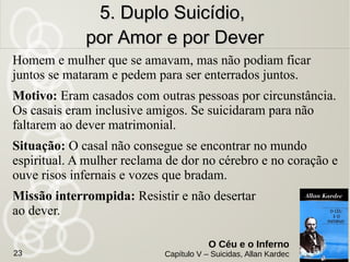 Evocador: Vosso filho não está perdido para
sempre; certo tomareis a vê-lo, mas é preciso
merecê-lo pela submissão à vontade de Deus, ao
passo que a revolta poderá retardar
indefinidamente esse momento.
Ouvi-me: Deus é infinitamente bom, mas é
também infinitamente justo. (…)
A sentença não é, porém, inexorável, e o
arrependimento do culpado é sempre
acolhido.
4. Mãe e Filho4. Mãe e Filho
O Céu e o Inferno
Capítulo V – Suicidas, Allan Kardec23
 