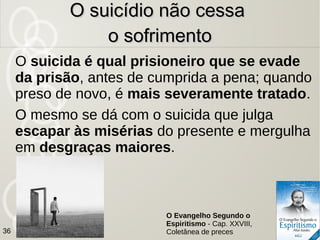 36
O suicídio não cessaO suicídio não cessa
o sofrimentoo sofrimento
Imediatamente após o ato, os espíritos
percebem que nada mudou e que
as dores só aumentaram.
 
