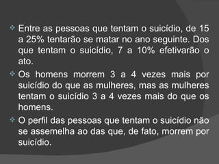 Entre as pessoas que tentam o suicídio, de 15 a 25% tentarão se matar no ano seguinte. Dos que tentam o suicídio, 7 a 10% efetivarão o ato. Os homens morrem 3 a 4 vezes mais por suicídio do que as mulheres, mas as mulheres tentam o suicídio 3 a 4 vezes mais do que os homens. O perfil das pessoas que tentam o suicídio não se assemelha ao das que, de fato, morrem por suicídio. 
