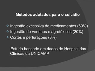 Métodos adotados para o suicídio Ingestão excessiva de medicamentos (60%) Ingestão de venenos e agrotóxicos (20%) Cortes e perfurações (8%) Estudo baseado em dados do Hospital das Clínicas da UNICAMP 