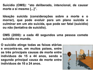 Suicídio (OMS): “ato deliberado, intencional, de causar
morte a si mesmo [...]”.
Ideação suicida (considerações sobre a morte e o
morrer), que pode evoluir para um plano suicida e
culminar em um ato suicida, que pode ser fatal (suicídio)
ou não (tentativa de suicídio).
OMS (2000): a cada 40 segundos uma pessoa comete
suicídio no mundo.
O suicídio atinge todas as faixas etárias
e encontra-se, em muitos países, entre
as três principais causas de morte entre
indivíduos de 15 a 44 anos, sendo a
segunda principal causa de morte entre
indivíduos de 10 a 24 anos.
 