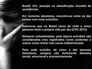 Brasil: 67a. posição na classificação mundial de
ocorrências
Em números absolutos, encontra-se entre os dez
países com mais suicídios.
Estima-se que no Brasil cerca de vinte e cinco
pessoas tirem a própria vida por dia (CVV, 2013).
Números subestimados, pois alguns suicídios são
considerados e/ou registrados como acidentes e
outros como morte com causa indeterminada.
Para cada suicídio, de cinco a dez pessoas
(familiares, amigos) são fortemente afetadas
social, emocional e economicamente.
 