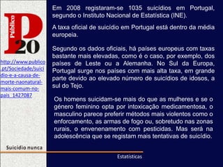 http://www.publico
.pt/Sociedade/suici
dio-e-a-causa-de-
morte-naonatural-
mais-comum-no-
pais_1427087
Em 2008 registaram-se 1035 suicídios em Portugal,
segundo o Instituto Nacional de Estatística (INE).
A taxa oficial de suicídio em Portugal está dentro da média
europeia.
Segundo os dados oficiais, há países europeus com taxas
bastante mais elevadas, como é o caso, por exemplo, dos
países de Leste ou a Alemanha. No Sul da Europa,
Portugal surge nos países com mais alta taxa, em grande
parte devido ao elevado número de suicídios de idosos, a
sul do Tejo.
Estatísticas
Os homens suicidam-se mais do que as mulheres e se o
género feminino opta por intoxicação medicamentosa, o
masculino parece preferir métodos mais violentos como o
enforcamento, as armas de fogo ou, sobretudo nas zonas
rurais, o envenenamento com pesticidas. Mas será na
adolescência que se registam mais tentativas de suicídio.
 