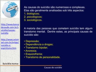http://www.ceism
ael.com.br/artigo/
suicidio-e-
espiritismo.htm
Causas do suicídio
http://www.banco
desaude.com.br/s
uicidio/causas-
suicidio
As causas do suicídio são numerosas e complexas.
Elas são geralmente analisadas sob três aspectos:
1. biológicos;
2. psicológicos;
3. sociológicos.
A maioria das pessoas que cometem suicídio tem algum
transtorno mental. Dentre estes, as principais causas de
suicídio são:
• Depressão;
• Dependência a drogas;
• Transtorno bipolar;
• Anorexia;
• Esquizofrenia;
• Transtorno de personalidade.
 