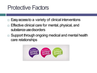 Protective Factors
 Easyaccessto a variety of clinical interventions
 Effective clinical care for mental, physical, and
...