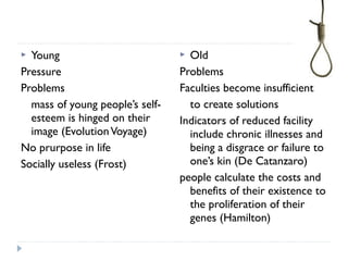  Young
Pressure
Problems
mass of young people’s self-
esteem is hinged on their
image (EvolutionVoyage)
No prurpose in life
Socially useless (Frost)
 Old
Problems
Faculties become insufficient
to create solutions
Indicators of reduced facility
include chronic illnesses and
being a disgrace or failure to
one’s kin (De Catanzaro)
people calculate the costs and
benefits of their existence to
the proliferation of their
genes (Hamilton)
 