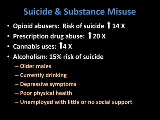 Suicide & Substance Misuse
• Opioid abusers: Risk of suicide 14 X
• Prescription drug abuse: 20 X
• Cannabis uses: 4 X
• Alcoholism: 15% risk of suicide
– Older males
– Currently drinking
– Depressive symptoms
– Poor physical health
– Unemployed with little or no social support
 