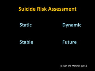 Suicide Risk Assessment
Static Dynamic
Stable Future
(Bouch and Marshall 2005 )
 