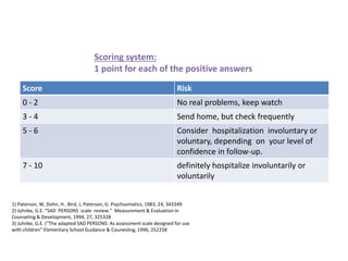 1) Paterson, W, Dohn, H , Bird, J, Paterson, G. Psychsomatics, 1983, 24, 343349
2) Juhnke, G.E. “SAD PERSONS scale review.” Measurement & Evaluation in
Counseling & Development, 1994, 27, 325328
3) Juhnke, G.E. (“The adapted SAD PERSONS: As assessment scale designed for use
with children” Elementary School Guidance & Counesling, 1996, 252258
Score Risk
0 - 2 No real problems, keep watch
3 - 4 Send home, but check frequently
5 - 6 Consider hospitalization involuntary or
voluntary, depending on your level of
confidence in follow-up.
7 - 10 definitely hospitalize involuntarily or
voluntarily
Scoring system:
1 point for each of the positive answers
 