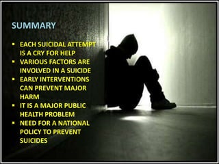 SUMMARY
 EACH SUICIDAL ATTEMPT
IS A CRY FOR HELP
 VARIOUS FACTORS ARE
INVOLVED IN A SUICIDE
 EARLY INTERVENTIONS
CAN PREVENT MAJOR
HARM
 IT IS A MAJOR PUBLIC
HEALTH PROBLEM
 NEED FOR A NATIONAL
POLICY TO PREVENT
SUICIDES
 
