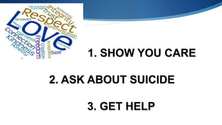 1. SHOW YOU CARE
2. ASK ABOUT SUICIDE
3. GET HELP
 
