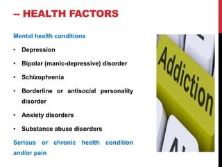 -- HEALTH FACTORS
Mental health conditions
• Depression
• Bipolar (manic-depressive) disorder
• Schizophrenia
• Borderline or antisocial personality
disorder
• Anxiety disorders
• Substance abuse disorders
Serious or chronic health condition
and/or pain
 
