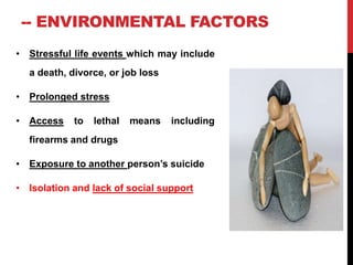 -- ENVIRONMENTAL FACTORS
• Stressful life events which may include
a death, divorce, or job loss
• Prolonged stress
• Access to lethal means including
firearms and drugs
• Exposure to another person’s suicide
• Isolation and lack of social support
 
