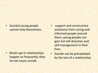 • Suicidal young people
cannot help themselves.
• Break-ups in relationships
happen so frequently, they
do not cause suicide.
• support and constructive
assistance from caring and
informed people around
them, young people can
gain full self-direction and
self-management in their
lives.
• Suicide can be precipitated
by the loss of a relationship.
 