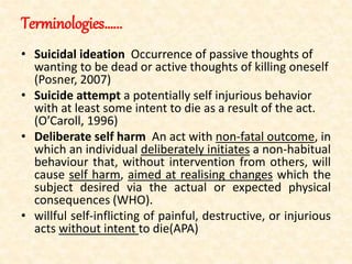 Terminologies…...
• Suicidal ideation Occurrence of passive thoughts of
wanting to be dead or active thoughts of killing oneself
(Posner, 2007)
• Suicide attempt a potentially self injurious behavior
with at least some intent to die as a result of the act.
(O’Caroll, 1996)
• Deliberate self harm An act with non-fatal outcome, in
which an individual deliberately initiates a non-habitual
behaviour that, without intervention from others, will
cause self harm, aimed at realising changes which the
subject desired via the actual or expected physical
consequences (WHO).
• willful self-inflicting of painful, destructive, or injurious
acts without intent to die(APA)
 